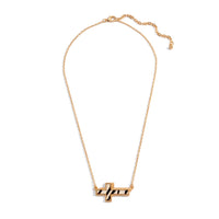 Short Gold Tone Necklace Featuring Genuine Leather Stripes Print East-West Cross