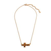 Short Gold Tone Necklace Featuring Genuine Leather Stripes Print East-West Cross