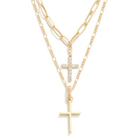 Gold Set of Two Chain Link Necklaces Featuring Cross Pendants and Rhinestone Accents