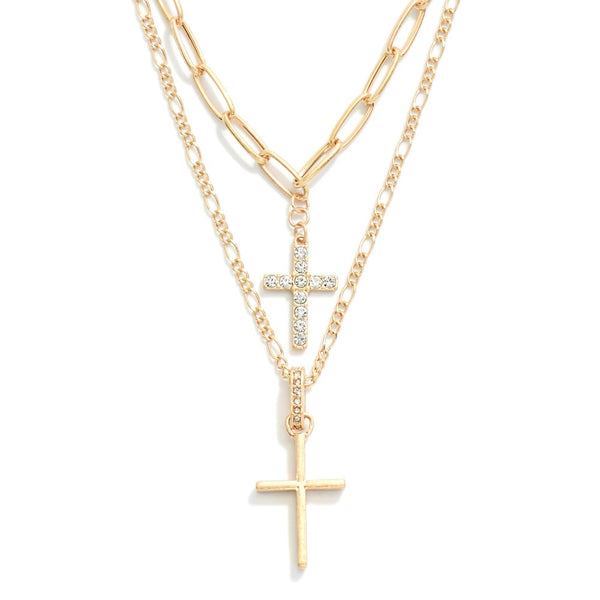 Gold Set of Two Chain Link Necklaces Featuring Cross Pendants and Rhinestone Accents