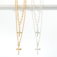 Gold Set of Two Chain Link Necklaces Featuring Cross Pendants and Rhinestone Accents