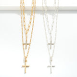 Gold Set of Two Chain Link Necklaces Featuring Cross Pendants and Rhinestone Accents