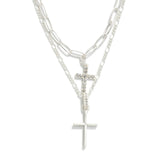 Silver Set of Two Chain Link Necklaces Featuring Cross Pendants and Rhinestone Accents