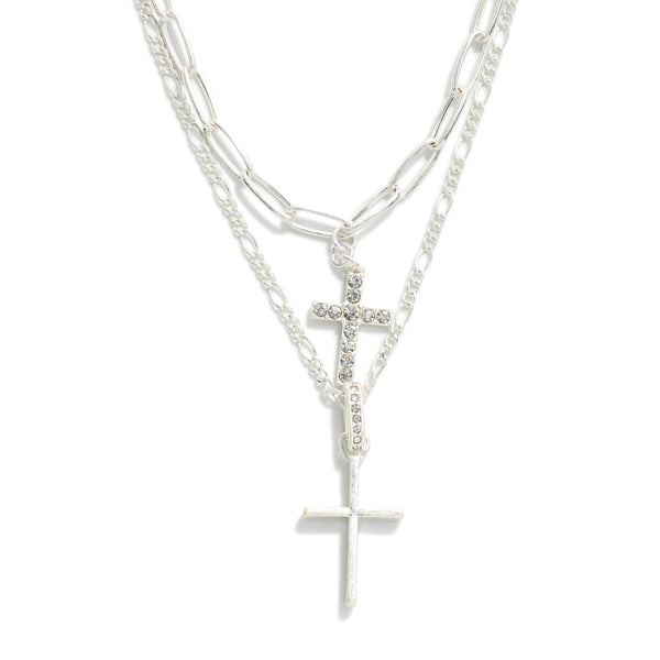 Silver Set of Two Chain Link Necklaces Featuring Cross Pendants and Rhinestone Accents