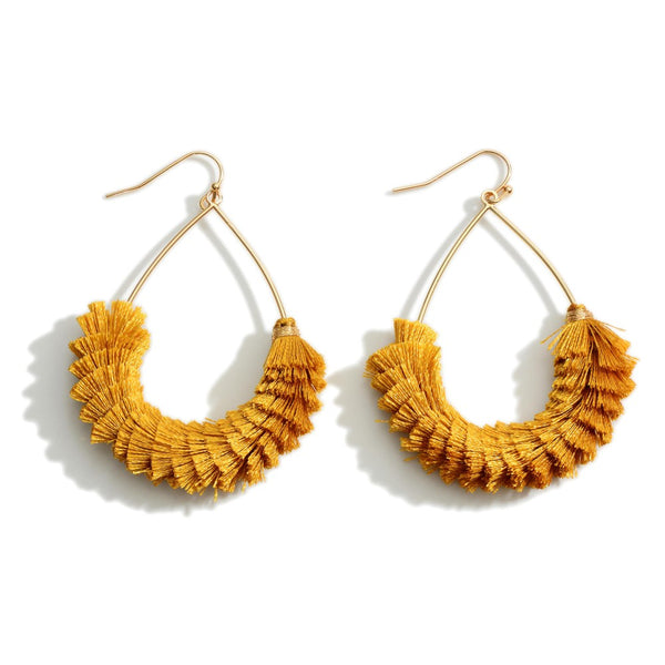 Mustard Textured fringe tassel teardrop earrings.