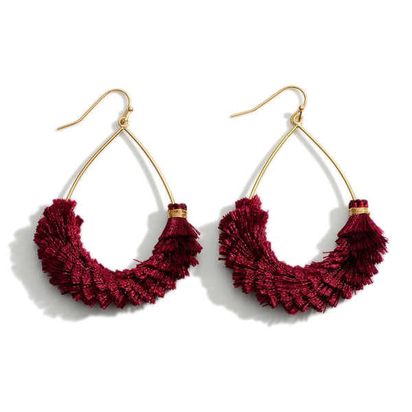 Wine Textured fringe tassel teardrop earrings.