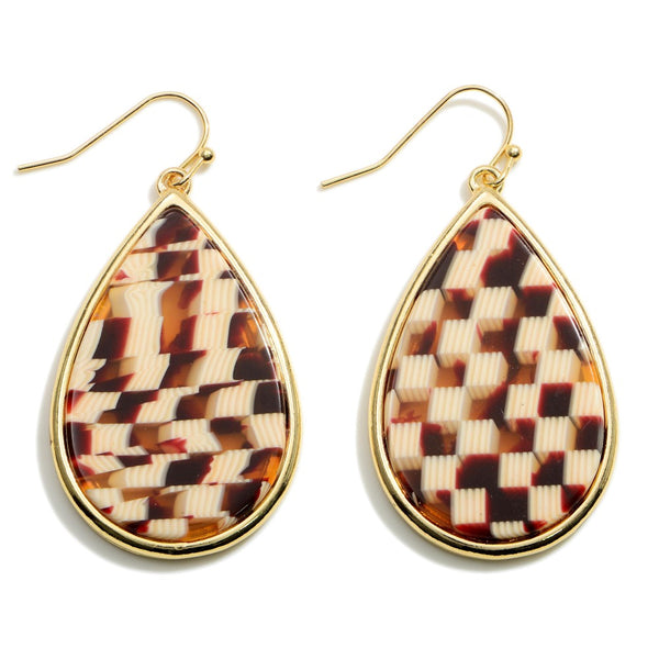 Gold Checkered Teardrop Earrings.