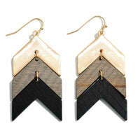 Wood and Metal Drop Earrings Featuring Chevron-Shaped Accents