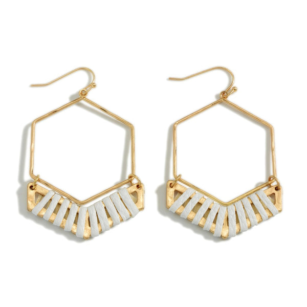 Hexagonal Gold Tone Drop Earrings Featuring Linked Leather Wrapped Chevron Accents