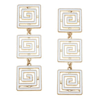 White Camille Linked Greek Keys Drop Earrings.