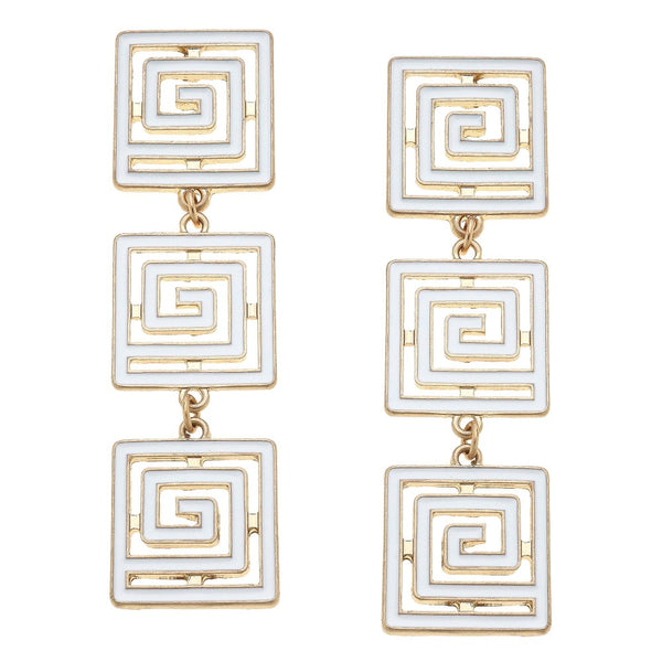 White Camille Linked Greek Keys Drop Earrings.