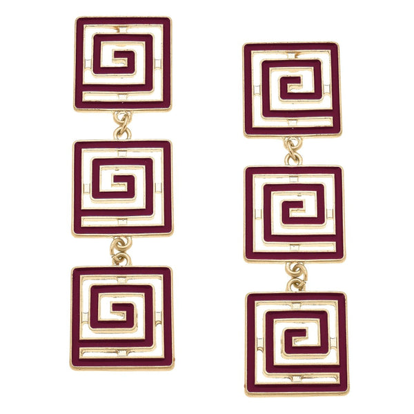 Maroon Camille Linked Greek Keys Drop Earrings.