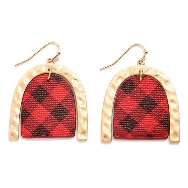 Gold Tone Arch Drop Earrings Featuring Plaid Accents