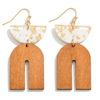 Wooden Arch Drop Earrings With Gold Foil Resin Wedge Accents