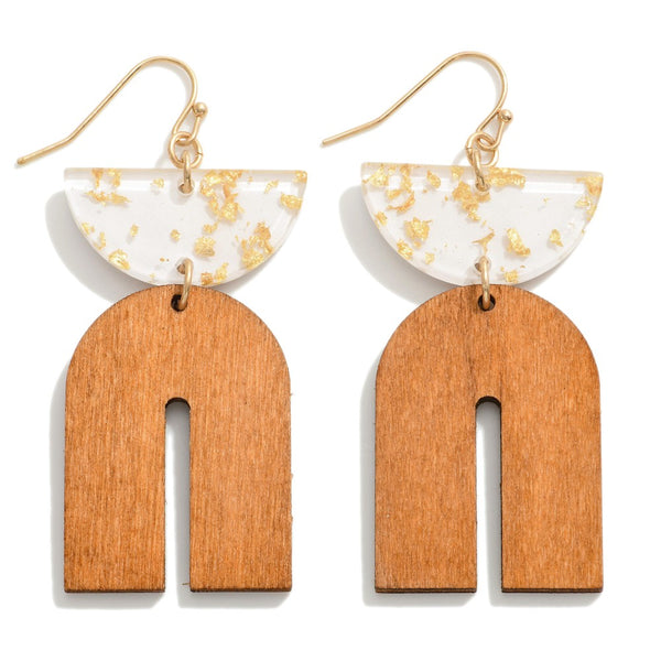 Wooden Arch Drop Earrings With Gold Foil Resin Wedge Accents