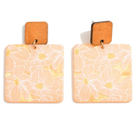 Square Flower Printed Resin and Wood Drop Earrings