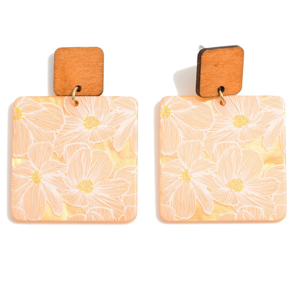 Square Flower Printed Resin and Wood Drop Earrings