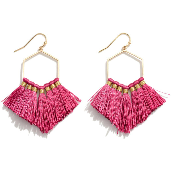 Dark Fuchsia Fringe Tassel Hexagon Drop Earrings in Gold