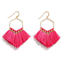 Bright Fuchsia Fringe Tassel Hexagon Drop Earrings in Gold