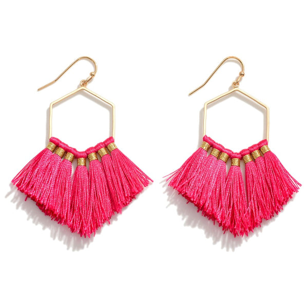 Bright Fuchsia Fringe Tassel Hexagon Drop Earrings in Gold