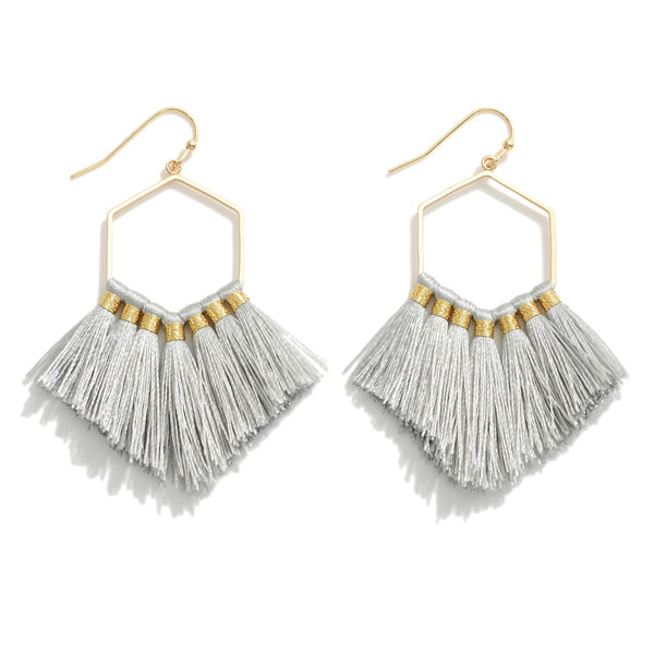 Grey Fringe Tassel Hexagon Drop Earrings in Gold