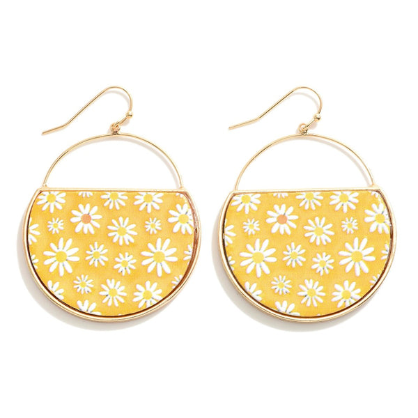 Circular Metal Drop Earring Featuring Flower Print Design