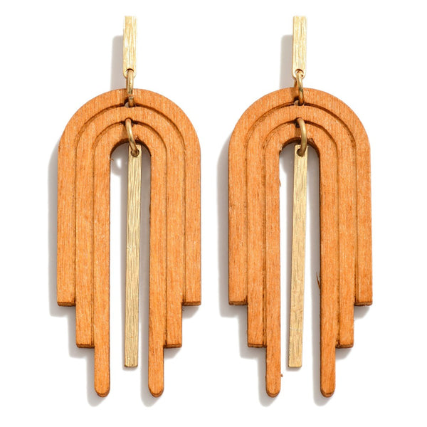 Natural Linked Wood Arch Drop Earrings With Gold Tone Accent