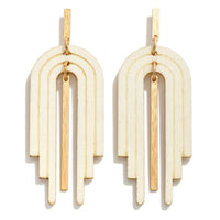 Ivory Linked Wood Arch Drop Earrings With Gold Tone Accent