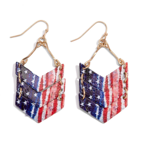 Americana Printed Cork Chevron Cut Drop Earrings