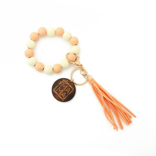 Peach Two Tone Wood Beaded 'Mama" Keychain With Tassel