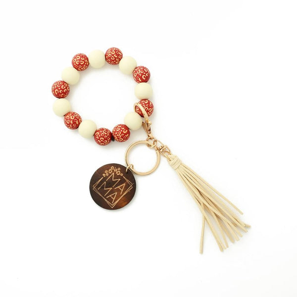 Rust Two Tone Wood Beaded 'Mama" Keychain With Tassel