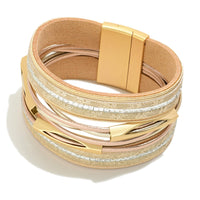 Gold Multi-Strand Faux Leather Magnetic Bracelet With Raised Modern Metal Station Accent