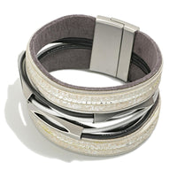 Silver Multi-Strand Faux Leather Magnetic Bracelet With Raised Modern Metal Station Accent