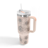 Rose/Peach Laser Engraved Sunflower Print 40oz Double Wall Stainless Steel Vacuum Tumbler With Handle