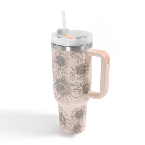 Rose/Peach Laser Engraved Sunflower Print 40oz Double Wall Stainless Steel Vacuum Tumbler With Handle