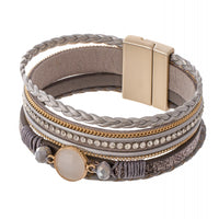 Braided Multi Strand Faux Leather Magnetic Bracelet Featuring Rhinestone and Stone Details.