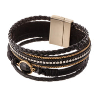 Braided Multi Strand Faux Leather Magnetic Bracelet Featuring Rhinestone and Stone Details.