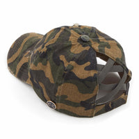 Distressed Denim Camo Criss-Cross Ponytail Cap -C.C Side Button