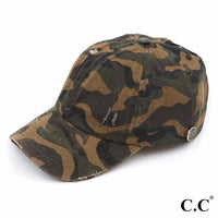 Distressed Denim Camo Criss-Cross Ponytail Cap -C.C Side Button