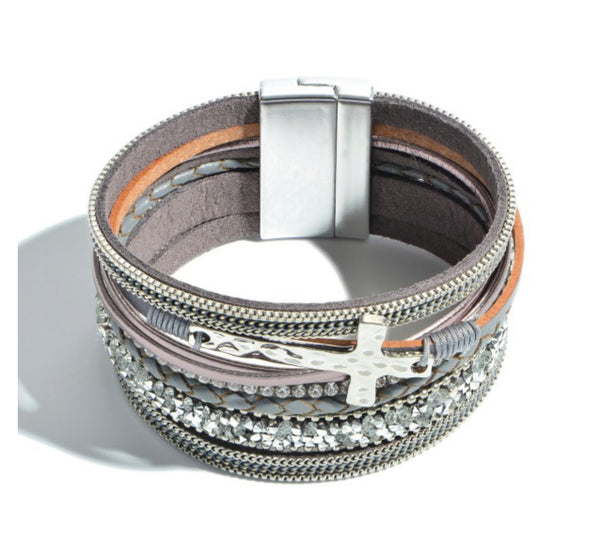 Faux Leather Rhinestone Cross Magnetic Bracelet