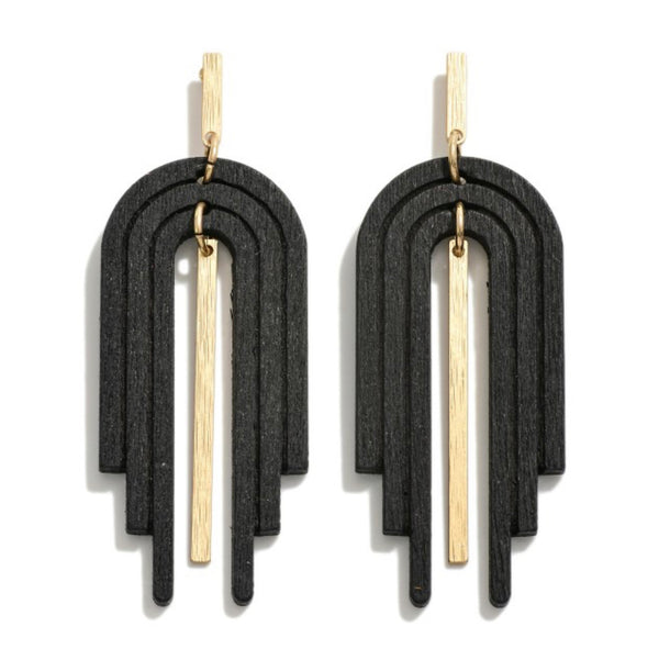 Black Linked Wood Arch Drop Earrings With Gold Tone Accent