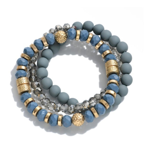 Set of 3 Beaded Stretch Bracelet Featuring Gold Tone Accents